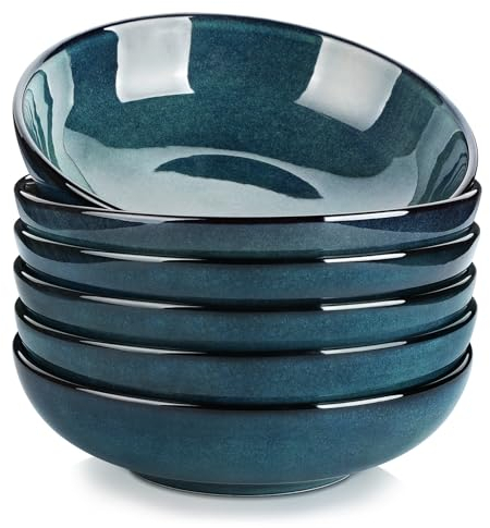 vancasso STERN Cuencos de Pasta Set de 6, 21,8 x 6 cm Porcelana Plato Hondo, 38 oz Platos para Ensalada, Juego de Ensaladera Grande, Tazón de Frutas, Apto para Lavavajillas e Microondas, Verde
