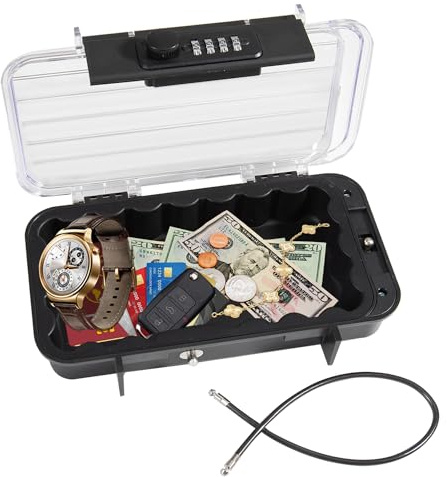 Tragbarer Tresor mit Zahelncode, Wasserdichte Mini Tresor Zahlenschloss Reise-Safe-Box mit Anti-Diebstahl-Drahtseil und transparentem Deckel für Strand, Camping, Fitnessstudio, Büro, Hotel