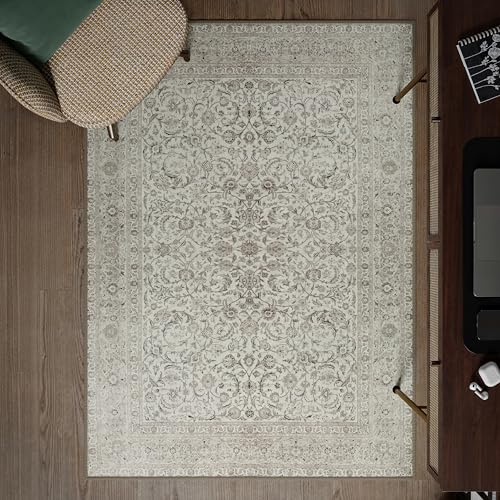 artyrugs Machine Washable Rug, 122x170cm, 75% Recycled Cotton, Short Pile, Non-Slip Backing, Non-Shedding, Suitable for Living Room, Bedroom, Kitchen, Hallway, Office, Ashen Cream