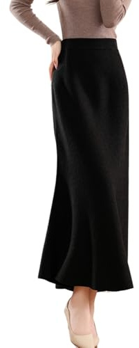 Ailaile Jupe longue pour femme - Automne et hiver - 100 % laine mérinos épaisse - Jupe côtelée élastique plissée en queue de poisson, noir, XX-Large