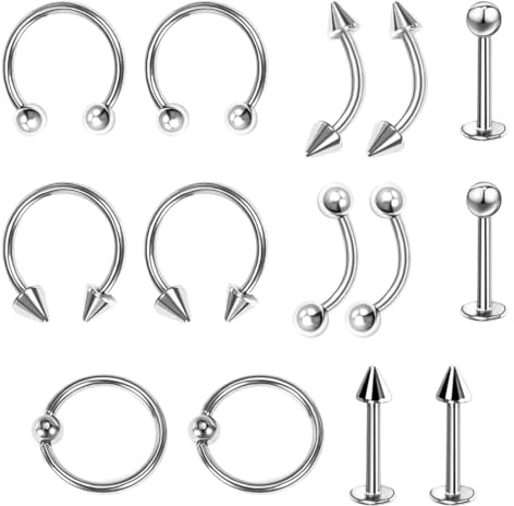 DLPRK 14 piezas Set de Piercing Nasal Acero Quirúrgico Pendientes Ceja Tragus Helix Aros Perno Nariz Helix Acero Inoxidable Rook Curvado Bolas Herradura Labio Labret Joya (1.2 * 8mm) (Plateado)