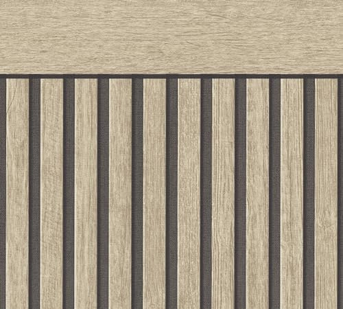 A.S. Création Papier peint effet bois beige, marron, noir 399561 - Papier peint intissé Panneaux acoustiques - aspect scandinave des plinthes au format paysage - 5,00m x 1,06m - Made in Germany