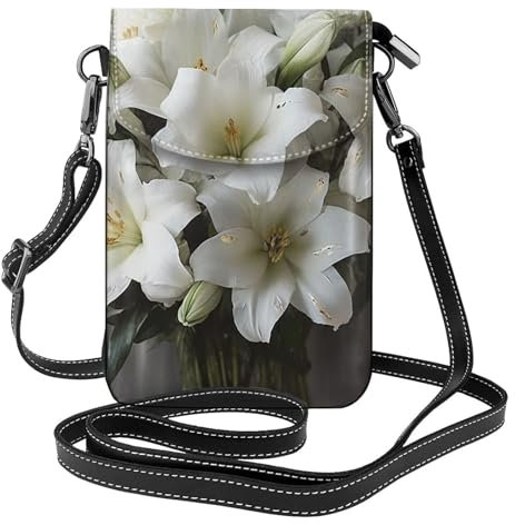 Sac à bandoulière réglable en cuir avec motif bouquet de lys blancs pour téléphone, espèces, clés, cosmétiques, shopping, Noir , Taille unique