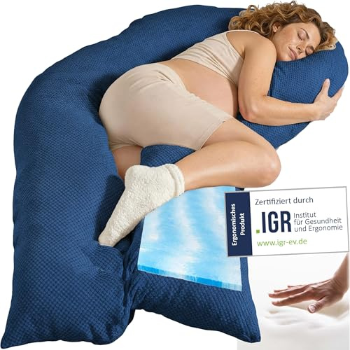 Traumreiter Schwangerschaftskissen Visco XXL langes Wendekissen Memory Foam [orthopädisch] + Watte | Schwangerschaft Kissen zum Schlafen, Stillkissen Schwanger mit Bezug Blau, Ergonomie Zertifiziert