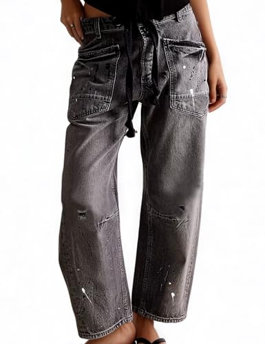 Mewunan Womens Pull-On Barrel Jeans Mid-Low Rise Boyfriend Drawstring Ankle Baggy Elastic Waist Stretchy Boho Denim Pants