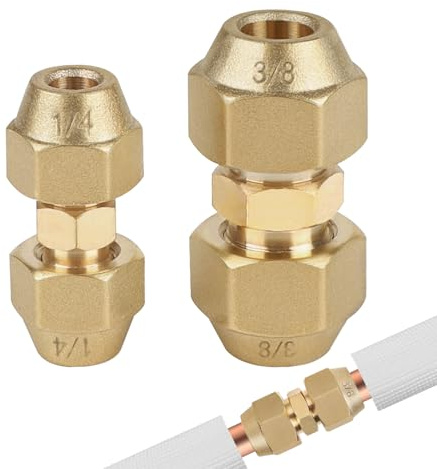 SUPAWAY 2 Pezzi Nippli Doppi per Tubi in Rame 1/4'' e 3/8'' Raccordo per Climatizzatore Estensione Tubo Rame per Climatizzatore Senza Saldatura Diametro Tubo Rame Accessori con 2 Dadi di Serraggio