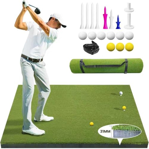 LPALNTYS Golf Hitting Mat 5x4ft, 31mm Artificial Turf Practice Mat with 9 Tees, Durable EVA Backing for Indoor | Outdoor Driving, Chipping & Swing Training with Carrying Case