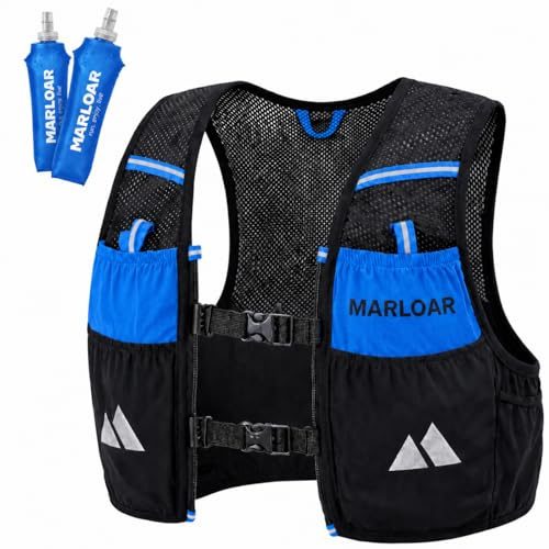 MARLOAR Chaleco de hidratación Running con 2 Soft Flask de Regalo – Mochila Running, Ligera y Transpirable. (Black / Blue, L)