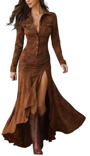 Dam vintage västerländsk cowboy klänning mocka bodycon-klänning med knapp nedfällbar krage land festklänningar asymmetrisk fåll damer cowgirl retro cosplay kläder sidoslits semesterklänningar