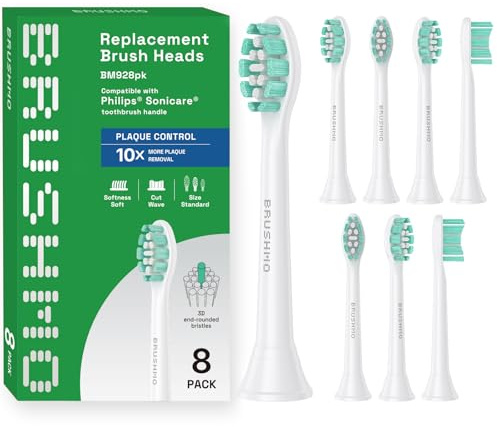 Brushmo Plaque Control Replacement Toothbrush Heads, Compatible with Philips Sonicare Click-on Electric Toothbrush Handles, 8 Standard Replacement Heads, Soft Dupont Bristles, BM928, White