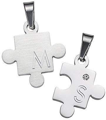 Gravado 2er Set Halsketten aus Edelstahl für Paare mit Puzzle-Anhängern, Personalisiert mit Initialen, Karabinerverschluss, Länge 50 cm