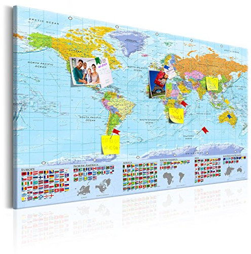 murando - Pannello di Fibra con Puntine - Mappa del Mondo 90x60 cm 1 Pezzo - Bacheca & Quadro su tela in un uno - Decorativo per Parete - Lavagna per le Note Ufficio - Viaggio Geografica k-A-0204-v-a