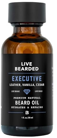 Live Bearded Beard Oil, 1 fl oz - Premium All-Natural Jojoba - Made in the USA - Hair and Skin Care for Men with Dry, Flaky Patches | Executive Scent - Cedar, Vanilla