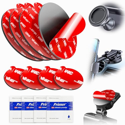 3M VHB Round Double-Sided Adhesive Pads – 4pcs Each of 8cm and 2.3cm Sticky Mounting Tape for Phone Holder, Car Magnetic Mount on Dashboard and Windshield, with 4 Adhesion Promoter