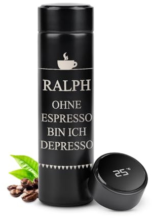 Maverton Thermobecher Kaffeebecher 450 ml - Isolierbecher personalisiert - 100% dicht - Led Temperatur Anzeige - aus Edelstahl - Geschenk für Männer - Weihnachtsgeschenke - schwarz - Espresso