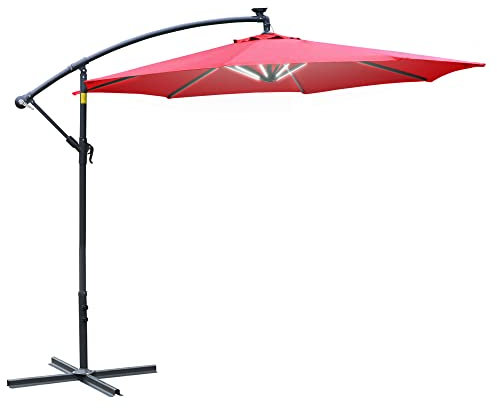 Outsunny Ombrellone da Giardino LED Solare 3x3 m con Manovella, Ombrellone a Manovella a 8 Stecche con Base a Croce in Acciaio, Alluminio e Poliestere 180g/㎡, Anti-UV, Rosso