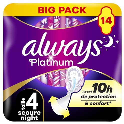 Always Platinum Serviettes Secure Night (taille 4) Avec Ailettes14, Voile Supérieur Protecteur Ultra-Doux, Parfum Léger