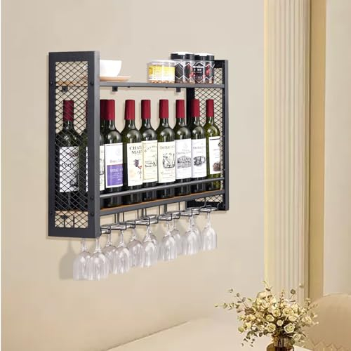 7RiversART 2-Tier New & Improved Wall Mounted Wine Rack Anti-Rust Durable Space Saving Multifunctional Storage with Glass Holder Wood Shelf