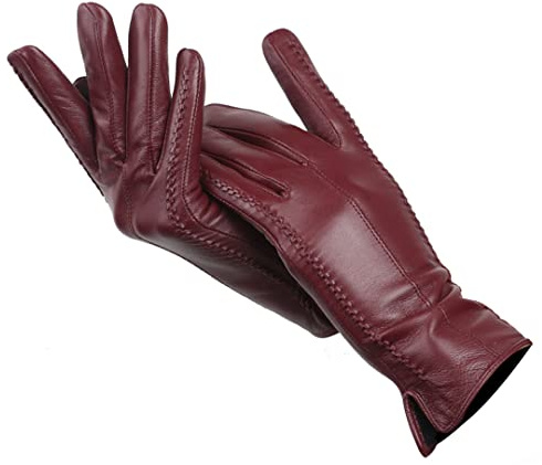 Moda Nuovi Guanti da donna, Guanti invernali da donna in pelle di pecora, Guanti in pelle da donna multicolore Rosso giuggiola 6.5
