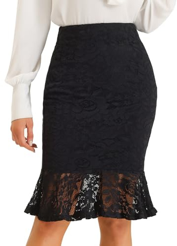 Allegra K Falda Elegante de Encaje de Cola de pez de Sirena Vintage para Mujer Falda de Tubo Ajustada de Oficina elástica Negro M