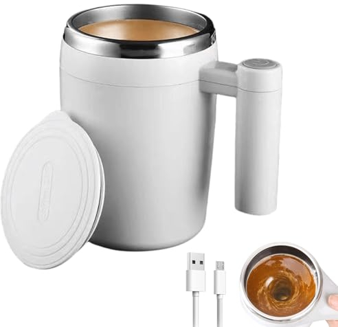 Selbstrührende Tasse, über USB Wiederaufladbar Automatischer Rührbecher 380 ml Elektrischer Rührtasse Selbstrührender Kaffeebecher mit Deckel für Zuhause, Büro, Reisen (Elfenbeinweiß)
