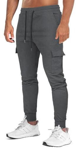 Suwangi Joggingbyxor för män, träningsbyxor, bomull, sweatpants, långa sportbyxor, ventilerande sportbyxor, löparbyxor, elastisk dragsko, fritidsbyxor med fickor, GRÅ, L