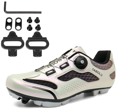 PENXZT Chaussures De Cyclisme Chaussure VTT Homme Respirantes Semelle Dure Chaussures de Vélo compatibles avec des taquets SPD à 2 boulons,Argent,44 EU