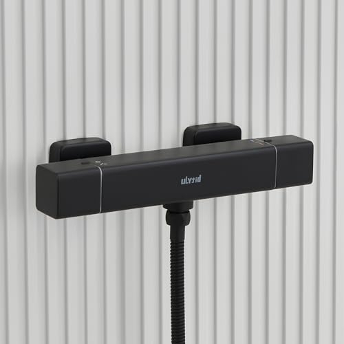 Grifo Ducha Termostatico Negro, Ulytid Grifo Bañera Baño de Pared, Termostato Ducha con Botón de Seguridad 38℃, Superficie Antiquemaduras, Moderno Mezclador de Ducha de Agua Fría y Caliente