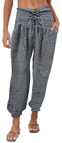 Famulily Ladies Harem Trousers Baggy High Waisted Tie Lantern Pants Lounge Trousers with Pockets Black S
