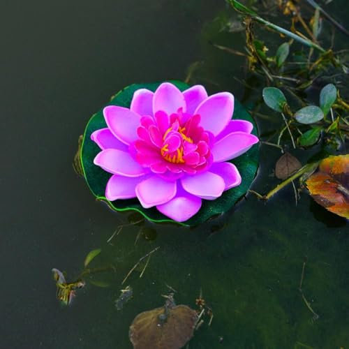 Fleur de lotus artificielle flottante en mousse avec coussin de nénuphar - Plantes artificielles pour étang de jardin, aquarium et piscine - Violet