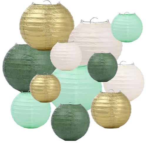 Paper Lanterns 12Pcs Green Gold Round Hanging Paper Lanterns for Wedding Party Decorations Bridal Shower Baby Shower Birthday Indoor Outdoor Decor (6'' 8'' 10'')