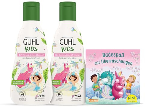 Guhl Set di vantaggi per bambini Unicorno – 2 x Guhl Kids 3 in 1 shampoo, balsamo e gel doccia, 250 ml + 1 libro Pixi – Appositamente progettato per i bambini – Nessun colpo – certificato Cosmos