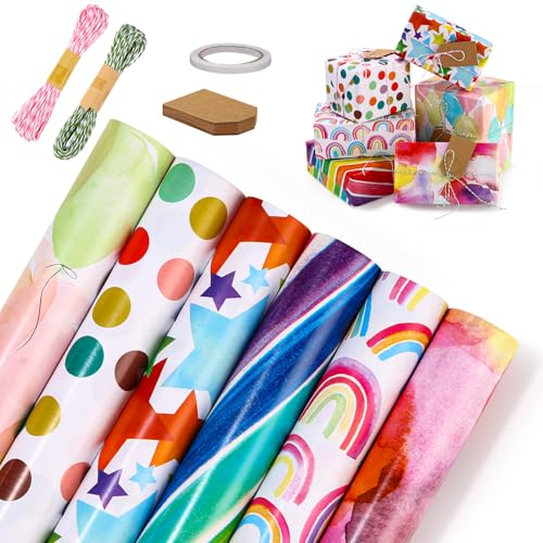 Kureny Geschenkpapier Set, 6 Rollen Bunt Rosa Geschenkpapier für Mädchen, mit Klebeband und Hanfseil, für Geburtstage, Weihnachten und andere Gelegenheiten, 43 cm x 300 cm