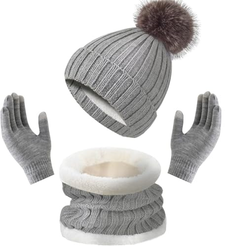 Enwokran 3 Pezzi Inverno Berretto Scaldacollo Guanti Set, Cappello Sciarpa e Guanti Touch Screen Cappello Sciarpa Fodera in pile Beanie in Maglia per Attività All'aperto in Inverno (Grigio)
