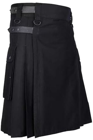 BaronHong Tartán Utility Kilts - Kilt para hombre con correa y bolsillos grandes de carga, Negro (piel), L