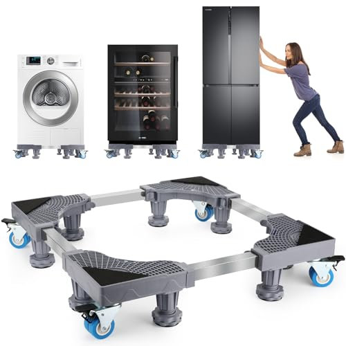 Waschmaschinen Untergestell,mit 8 stabilen Füßen und 4 Feststellrädern,Bärenlast 300KG,Verstellbarer Möbelwagen,für Waschmaschinen,Trockner,Waschküchen und Kühlschränke (Einstellbare:42-65cm)
