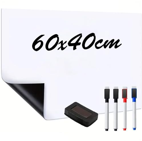 Whiteboard Magnetfolie 60x40 cm Magnetfolie Weiß Abwaschbar mit 4 Whiteboardstiften und Schwamm Whiteboardfolie magnetische Whiteboardfolie magnetisch Whiteboard Kühlschrank