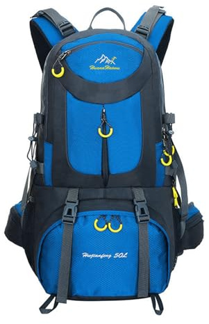 PORRASSO 50L Mochila de Senderismo Mochila Impermeable Mochila Hiking Backpack para Hombre Mujer Acampar Hacer Ciclismo Escalada Deportes Aire Libre Azul