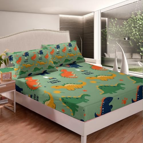 Homemissing Cartoon Dinosaur Fitted Sheet King Size For Kids Girls Boys Teens Jungle Dino Bedding Set Wild Animal Sheet with 2 Pillowcases Dinosaur Park Bed Sheet Set,No Flat Sheet