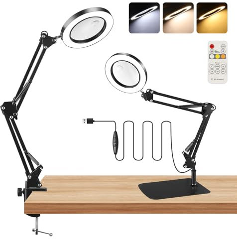 Lampada da scrivania con lente d'ingrandimento 15 x 10 x e LED, 2 in 1 lente d'ingrandimento con luce e supporto, lampada d'ingrandimento con 3 modalità di colore e 10 livelli di luminosità lente
