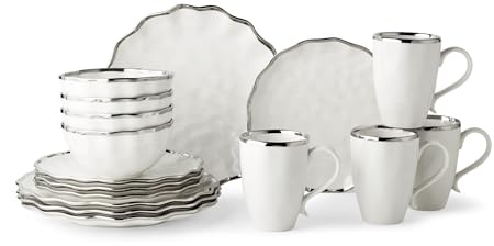 Regency Silver 16-Piece Porcelain Dinnerware Set – Elegant Silver-Trimmed Plates, Bowls & Mugs – Service for 4 – Durable, Dishwasher-Safe Tableware for Everyday Dining & Special Occasions