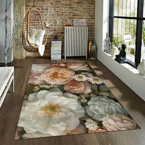 LANDERSION Moderne Luxus Teppiche Schöne Rose mit Gänseblümchenmuster Waschbarer Teppich Weicher Flauschiger Rutschfester Teppich für Wohnheimflure im Wohnzimmer 120x180cm