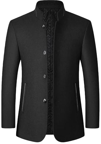 Retro Stand Collar Blazer Jacket for Men Chinese Tunic Slim Fit Solid Winter Button Mandarin Collar Sports Coat (Black1,L)