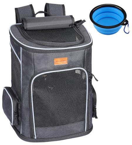 Morpilot Sac à Dos de Transport pour Animal Domestique avec Sangle de Sécurité Intérieure + Bol, Gris Fonce L 33 x l 28 x H 42 cm