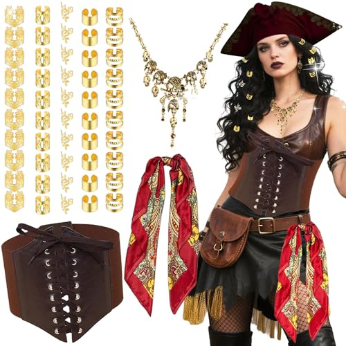 ensemble accessoire costume pirate bandeau pirate collier tête | ensemble accessoire costume pirate bandeau pirate collier tête de mort ceinture hanche halloween capitaine pirate carnaval
