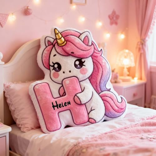 Drawelry Cuscino Personalizzato a Forma di Unicorno,Decorazione per la casa,Cuscini Decorativi Regalo di Natale Carino per Bambine (lettera unicorno con nome)