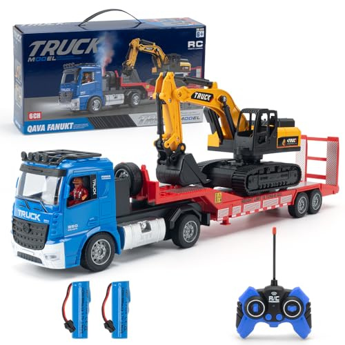 X-Verse 2,4 GHz veicolo con rimorchio telecomandato e giocattolo di escavatore, trattore stradale RC con suoni e luci. Adatto per veicoli da costruzione per ragazzi, 3 batterie (Blu)