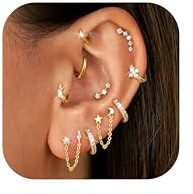 FUNRUN JEWELRY 10PCS 20G Helix Piercing Jewelry Cartilage Earrings for Women-Hypoallergenic Gold Flat Back Stud Earrings Set Surgical Steel Chain Cartilage Hoop Conch Tragus Daith Helix Piercing Jewelry for Multiple Piercing Single