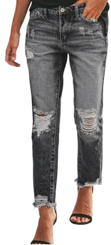 Nuoke Pantalon Femme,Jeans déchiré pour, Taille Haute, Coupe Droite, déchiré, troué, Confortable et décontracté, modèle Couleur (Black, XL)