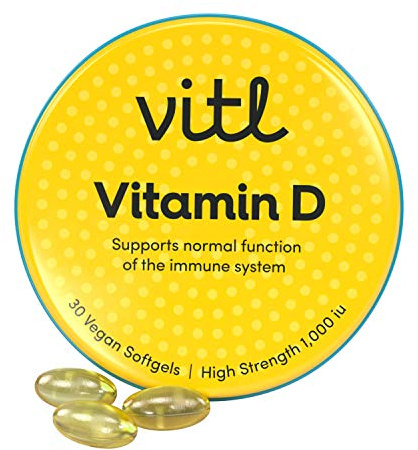Vitl Vitamin D3, 30 Vegan Capsules - High Strength 1000 IU Softgels - Supports The Immune System, Bones & Joints, Teeth, Muscles & Heart - Easy to Swallow - Pocket-Sized Tin
